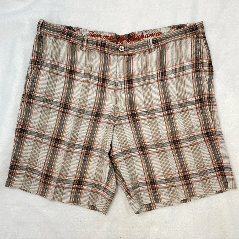 Tommy Bahama plaid linen and silk men’s flat front shorts, pockets size 42 waist